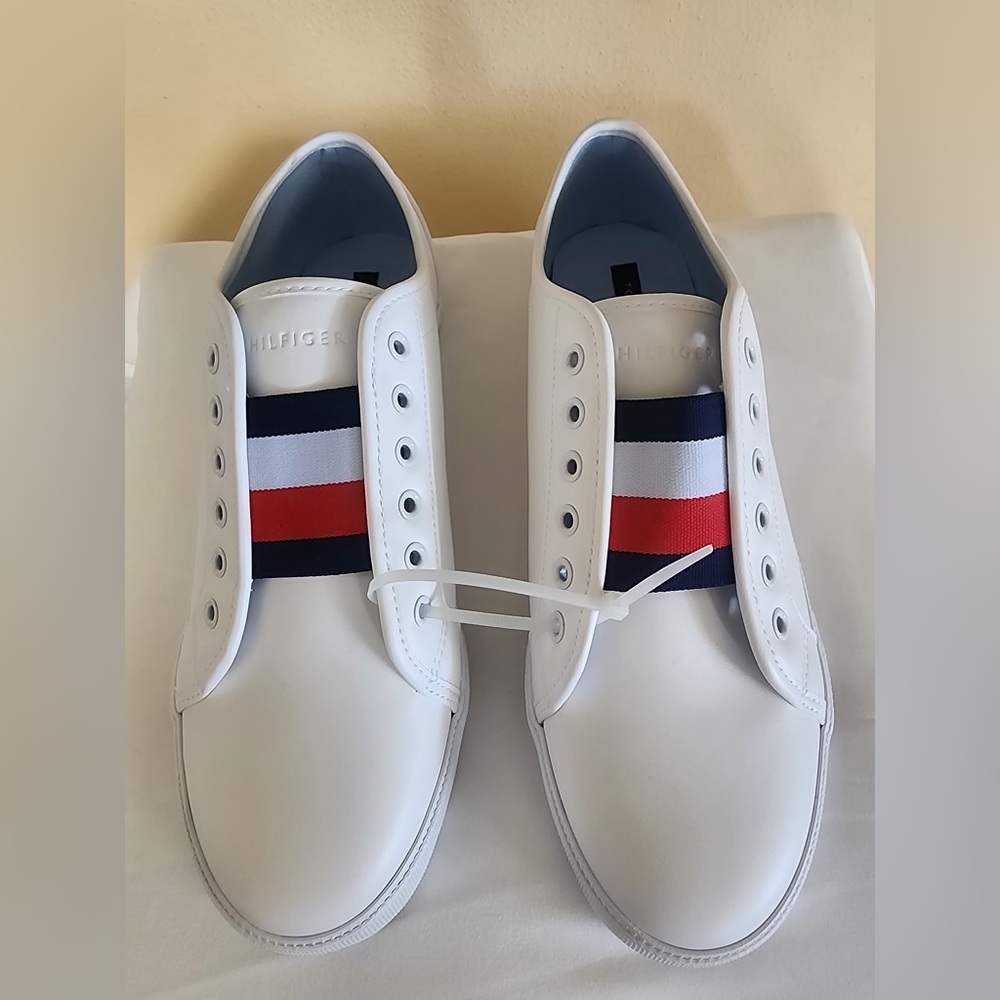 Tommy Hilfiger White Leather Slip-On Sneakers with Red, Navy & White Stripe
